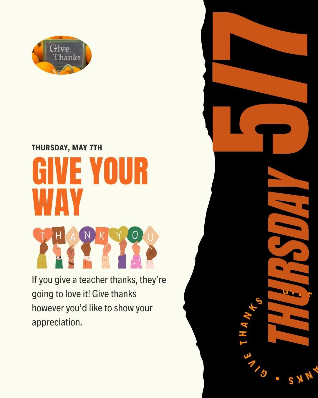 🌟 Teacher &amp; Staff Appreciation Week is here! 🌟

Thursday Reminder 💌
If you give a teacher thanks...they're going to love it! Share your gratitude in any way you'd like; notes, drawings, kind words, or small gestures all count.