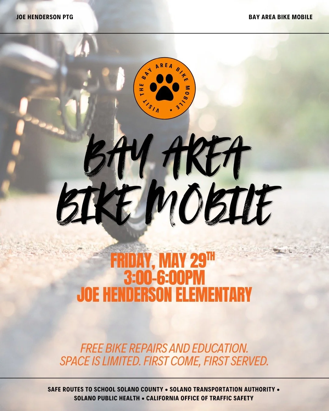 School is almost out and summer adventures are calling!

Get the kids' bikes tuned up and ready to ride with free repairs from the Bay Area Bike Mobile this Friday, May 29th, From 3-6pm. Whether it's flat tires, squeaky brakes, or a quick safety chec