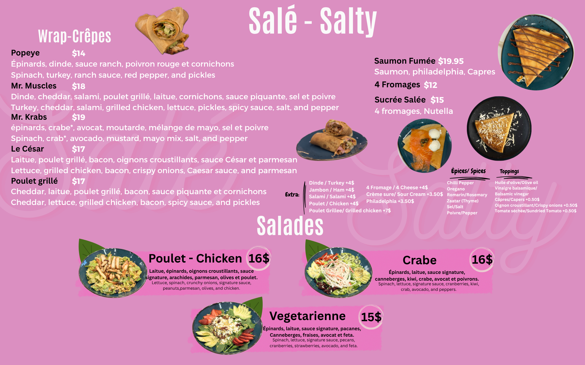 Crepes en Rose salty menu, crepes, wraps salades and more.