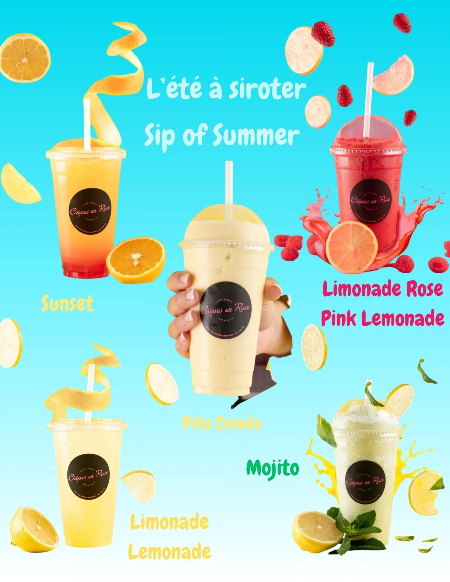 Crepes en rose  colorful summer beverages with lemon, raspberry, and mint garnishes, titled 'Sip of Summer' in English and French. The drinks include Sunset, Piña Colada, Limonade Rose Pink Lemonade, Limonade Lemonade, and Mojito