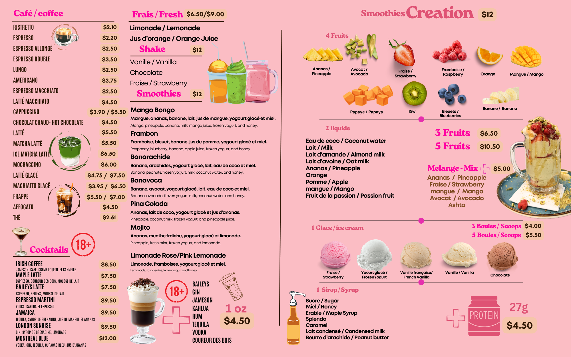 Best Smoothies menu with fruit salades and great cocktails