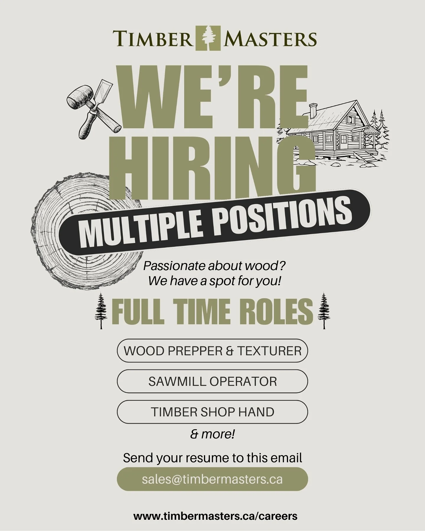Timber Masters is growing! We are looking to fill multiple full time positions.

If you (or someone you know) enjoys working with wood and wants to be apart of a skilled, passionate team, we&rsquo;d love to hear from you!

Learn more: www.timbermaste