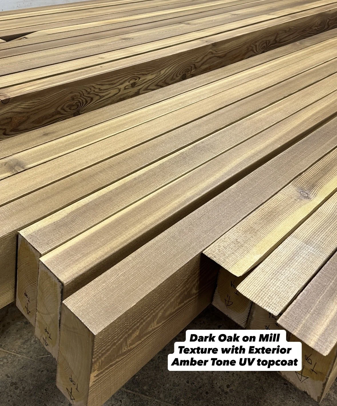 Dark Oak with UV Amber Tone Exterior Top Coat on Mill Texture