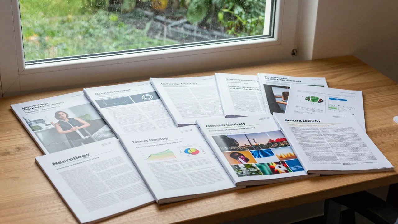 Multiple newspapers spread out on a wooden table next to a window with a view of grass and plants outside.