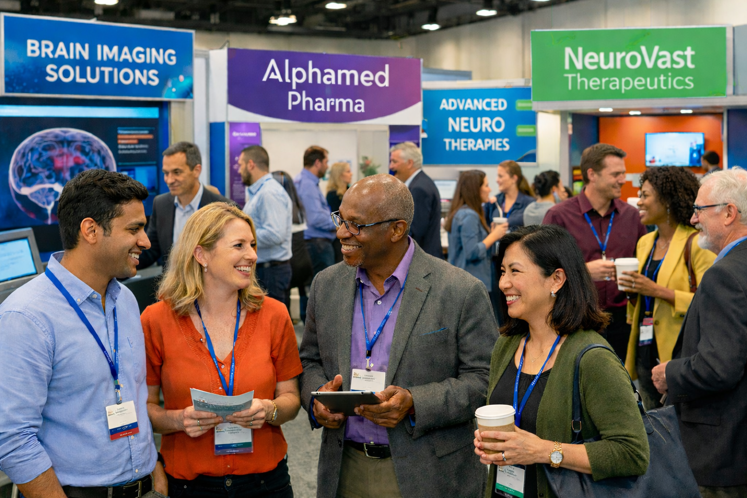 People attending a medical conference, engaging in conversations, with exhibition booths displaying signs for brain imaging solutions, neuro therapies, and pharmaceutical companies.