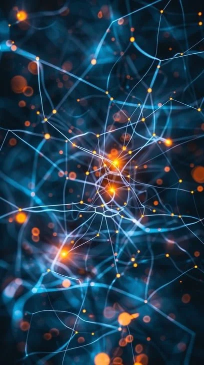 Abstract digital illustration of interconnected glowing lines and dots representing a neural network or data connections.
