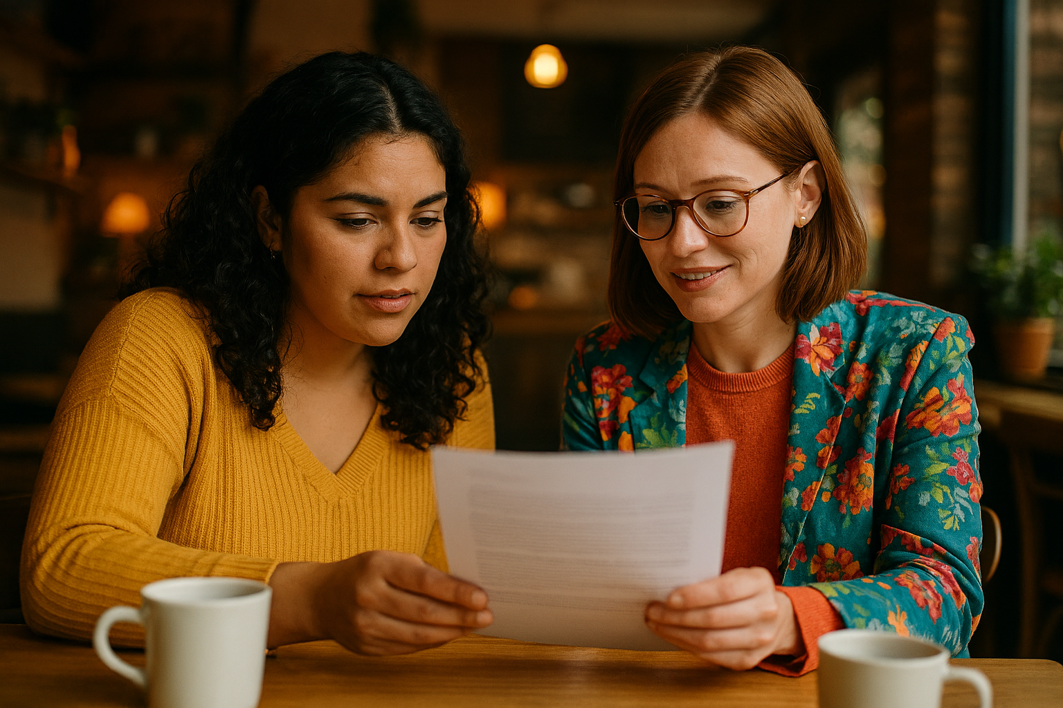 Two women sitting at a table, smiling, engaging in conversation, with coffee mugs in front of them in a cozy cafe.