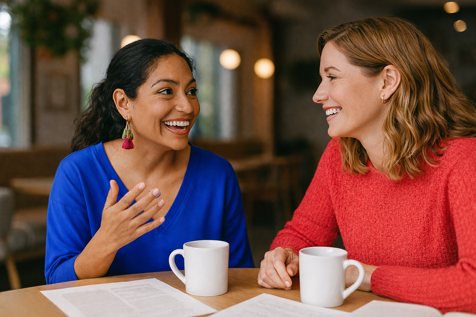 Two women sitting at a table, engaged in conversation, with coffee mugs and papers in front of them, smiling and enjoying each other's company in a cozy indoor setting.
