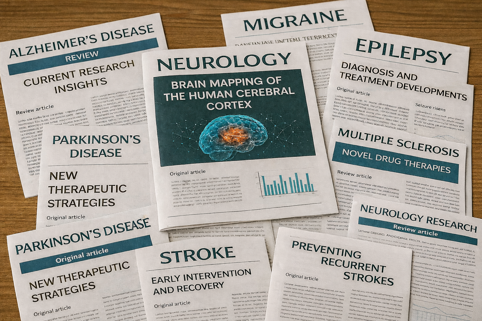 Collection of medical research articles on neurological and neurodegenerative diseases, including Alzheimer's, Parkinson's, epilepsy, migraine, stroke, multiple sclerosis, with titles and charts.
