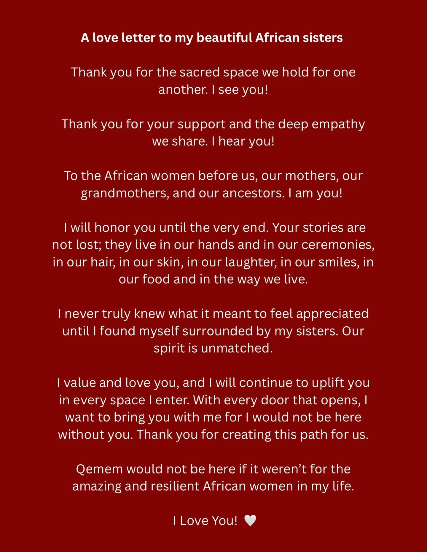 A Love Letter to My African Sisters ❤️💌

Our space matters. Thank you for your grace. 

I want to continue highlighting our beauty and all that we are in our sisterhood. 🫶🏾