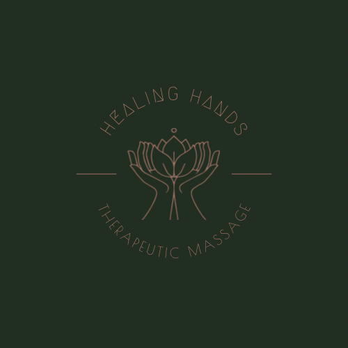 Logo for Healing Hands Therapeutic Massage featuring a line drawing of two hands holding a lotus flower, with the text 'Healing Hands Therapeutic Massage' curved around the design on a dark green background.
