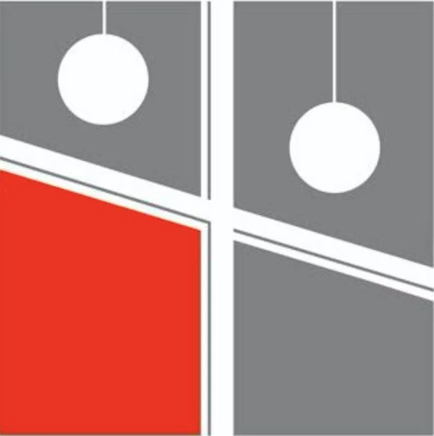 Abstract geometric artwork with red, gray, and white sections, two white circles hanging from lines, and black and white lines creating a modern design.