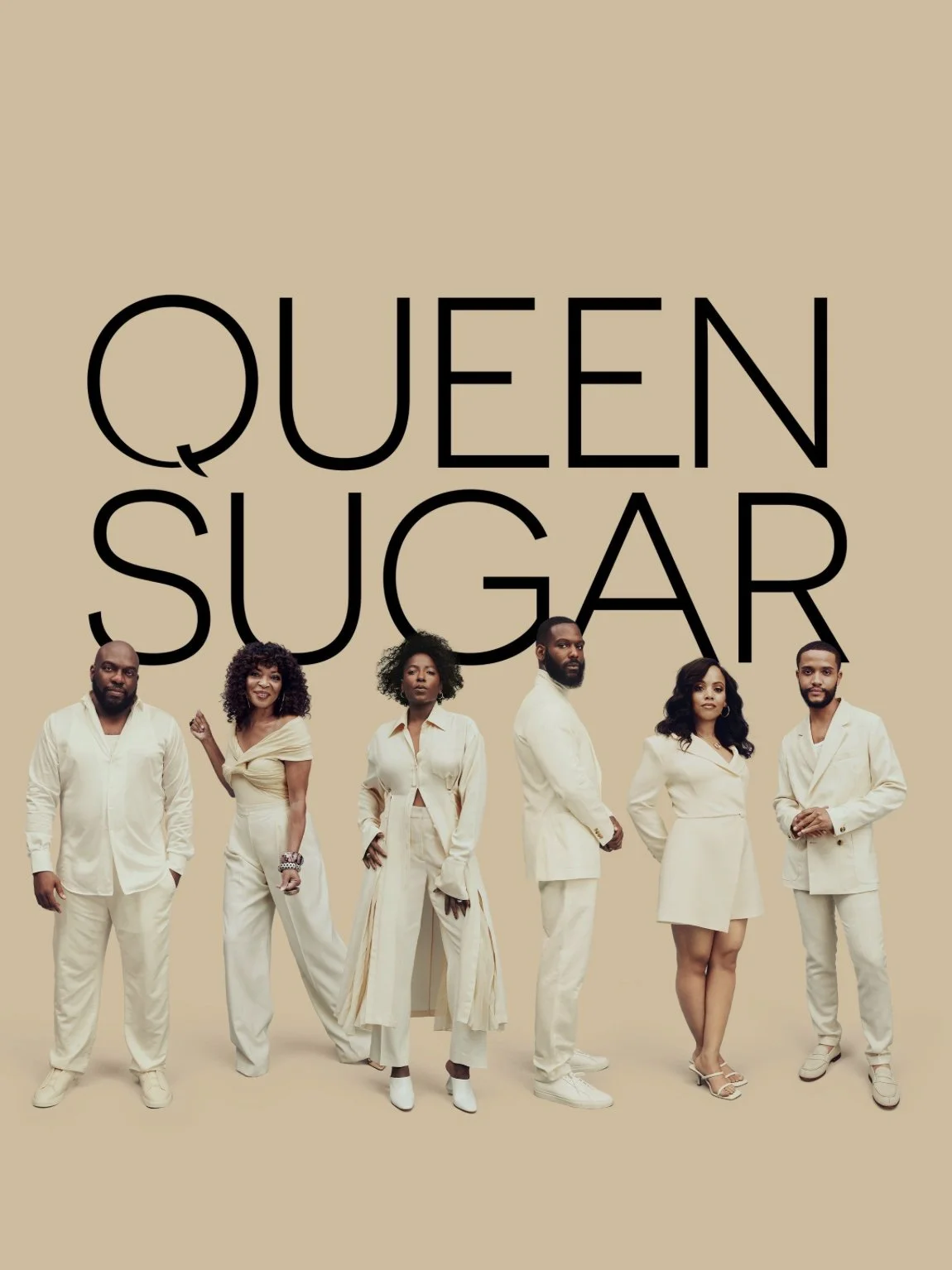 Image of the Queen Sugar TC show logo with cast in cream outfits all looking at the camera.