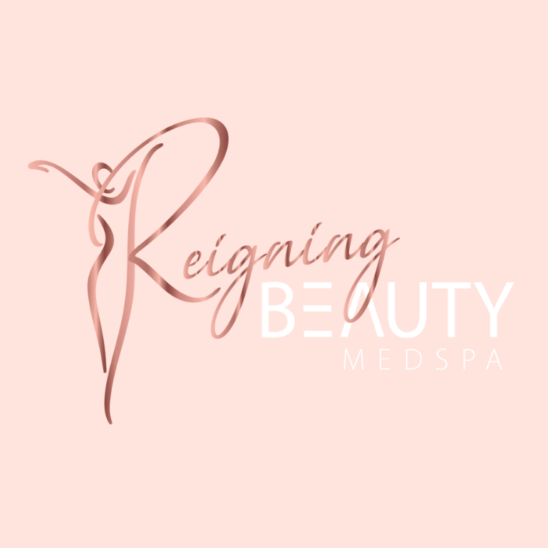 reigning beauty logo with a pink background