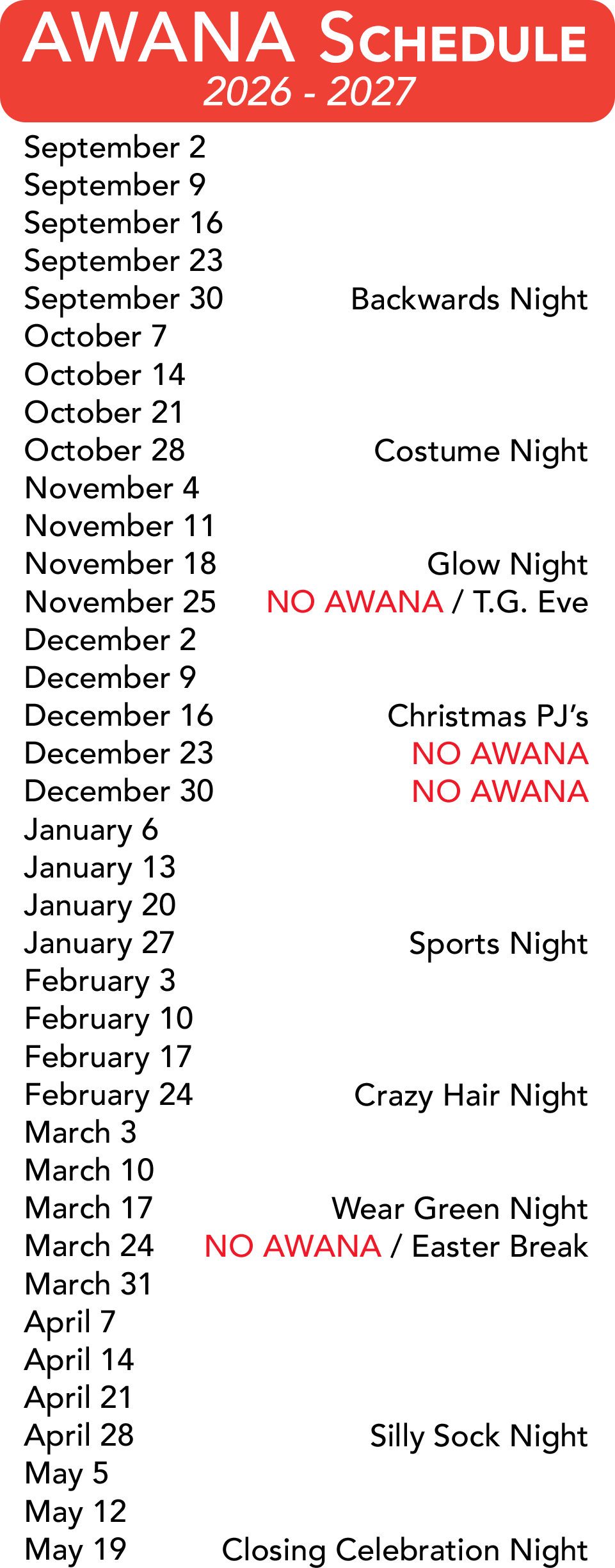 awana schedule 2026