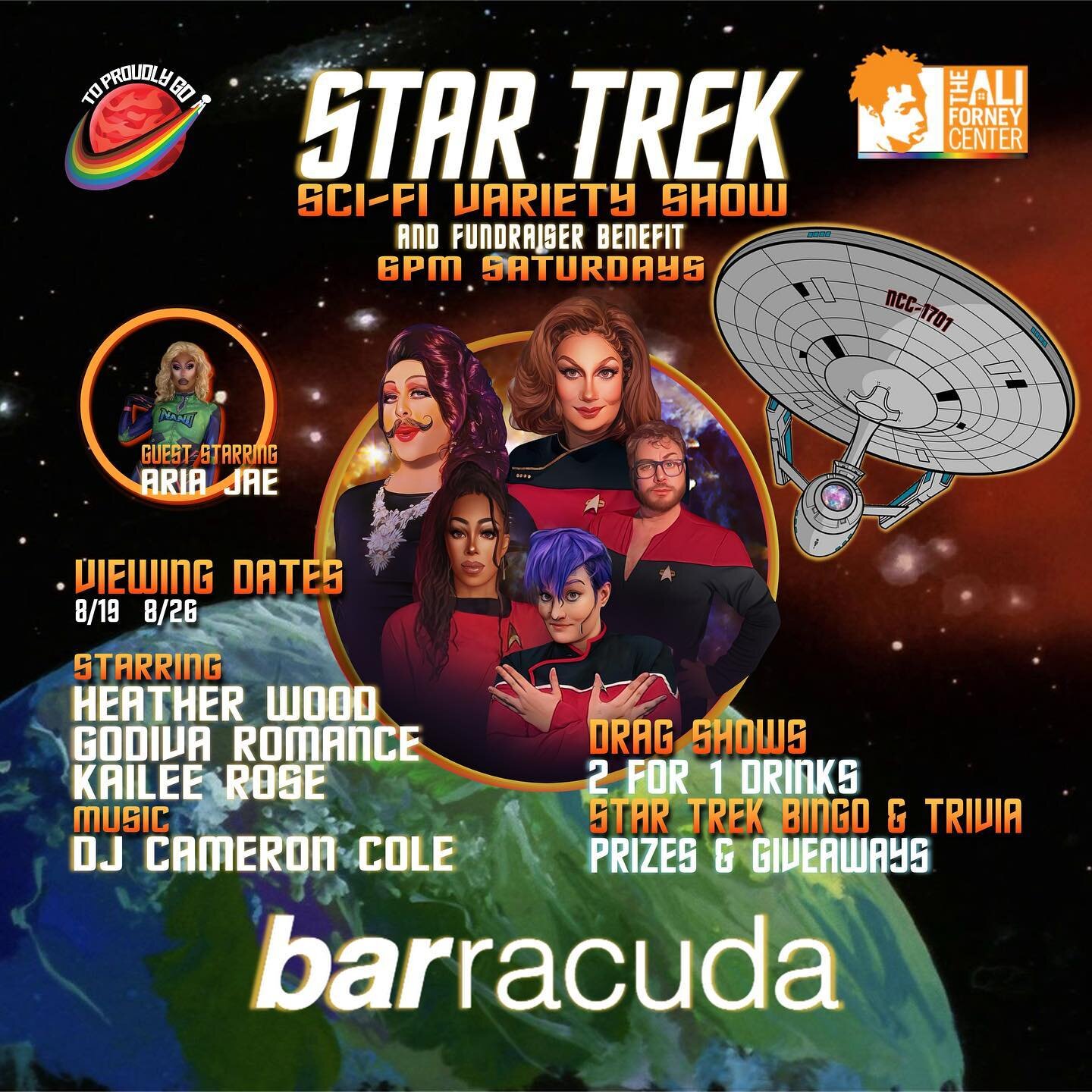 See you Saturday 6pm August 19th and 26th for a Star Trek viewing party and variety show 🌟💃
As always you can expect 2 for 1 happy hour drinks, trivia, Drag show, and a specially curated selection of Trek episodes!
Beam aboard at @barracudaloungeny