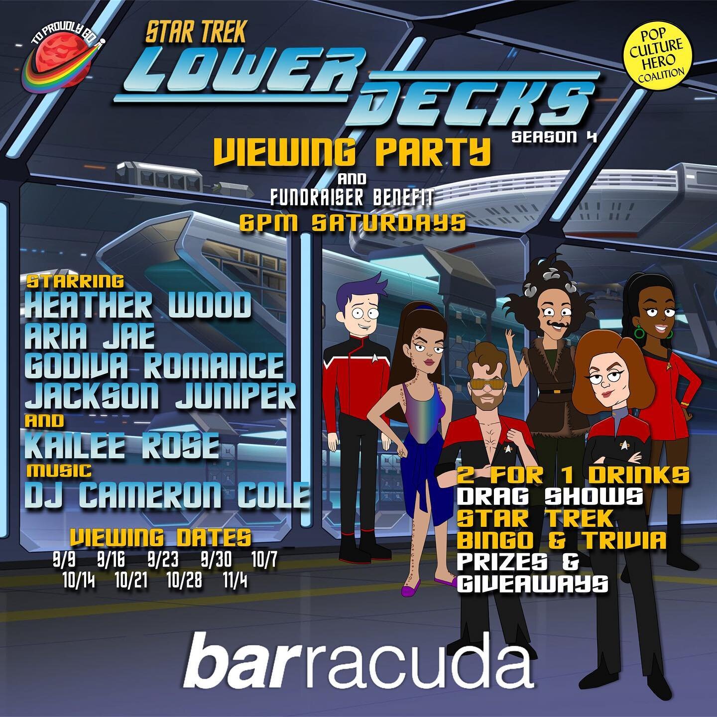 Join @theheatherwood, @romancinggodiva, @jacksonjuniper, @the_kaileerose, @cameroncolenyc and the rest of the @toproudlygo for #StarTrekLowerDecks, season 4, 6pm Saturdays @barracudaloungenyc! Trek out with some #StarTrek Bingo and Trivia, 2-4-1 drin