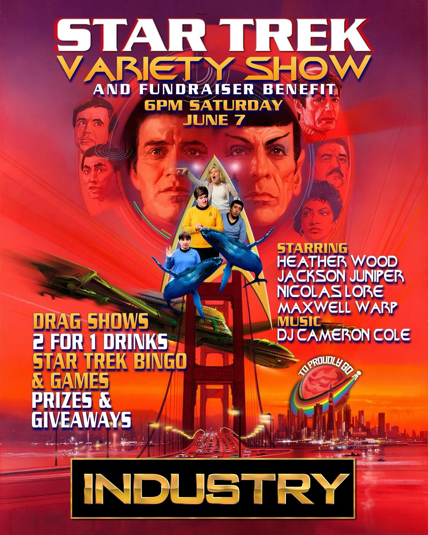 Save the whales this Saturday with To Proudly Go as we take it back to 1986 in our rendition of Star Trek: The Voyage Home! Join @theheatherwood @jacksonjuniper @nicolaslorenj @maxwellwarp for a mind-bending drag adventure! 

Slingshot your warbird a