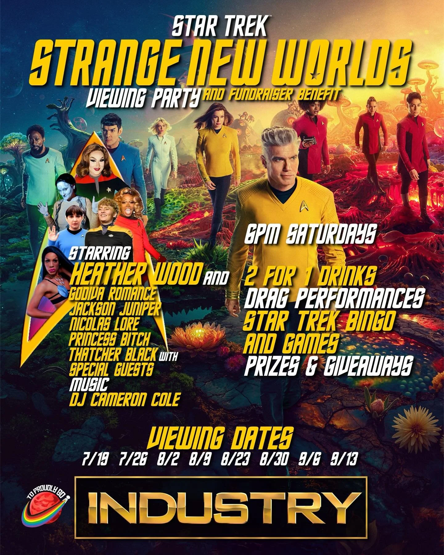Join us this Saturday for the premiere of season 3 of Star Trek: Strange New Worlds! We&rsquo;ll have a watch party, Star Trek drag, 2-for-1 drinks, games, and prizes! See you at Industry Bar at 6pm this Saturday! 

#StarTrek #StrangeNewWorlds #StarT
