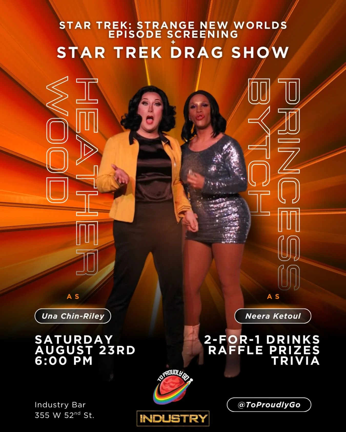 The girls are back! Join us at Industry Bar this Saturday at 6pm for a double feature episode screening of Strange New Worlds and of course&hellip; STAR TREK DRAG! This week we have the incredible @princessndapopperz joining Captain @theheatherwood t