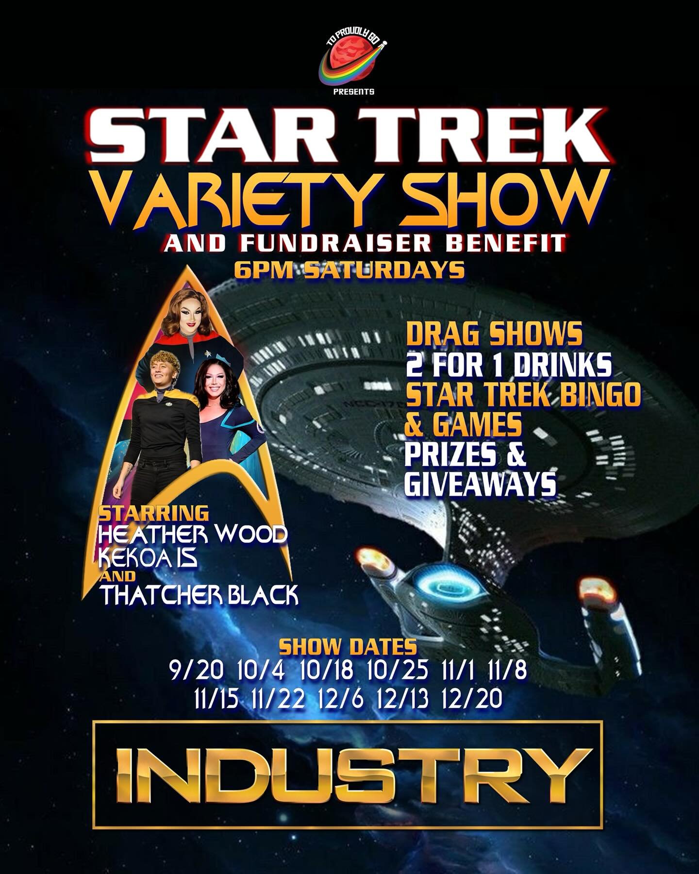 We&rsquo;re back in action this week with @kingthatcherblack , @theheatherwood , and special guest @kekoais beaming into @industrybarnyc ! Come through for some crazy Star Trek drag, and stay for bingo, 2-for-1 drinks, trivia, prizes, and more! We ca