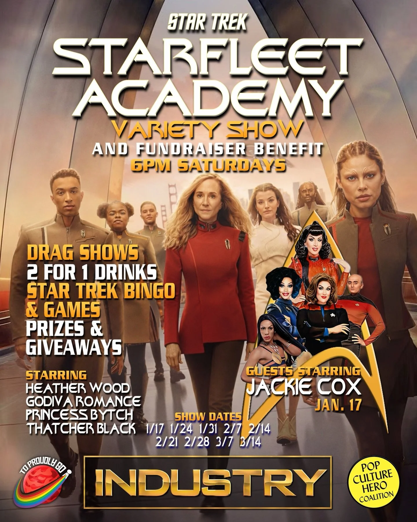 Beam up with @toproudlygo for the series premiere viewing party of #StarTrek #StarfleetAcademy on Saturday, January 17 at 6:00 PM at @industrybarnyc. The evening will feature special guest star and #RuPaulsDragRace favorite @jackiecoxnyc, alongside a