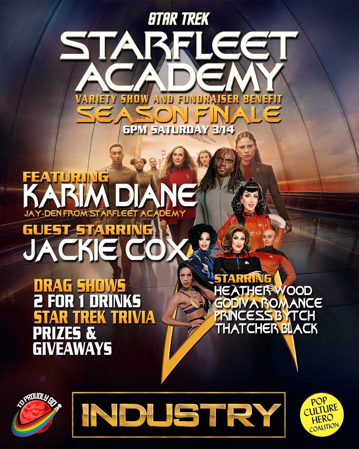 Beam down with @team_karim (#JayDenKraag for #StafleetAcademy) @jackiecoxnyc (#RPDR star) and @toproudlygo for the season finale of #StarTrek: Starfleet Academy on Saturday, March 14 at 6:00 PM at @industrybarnyc. Also featuring our Trek&rsquo;tastic