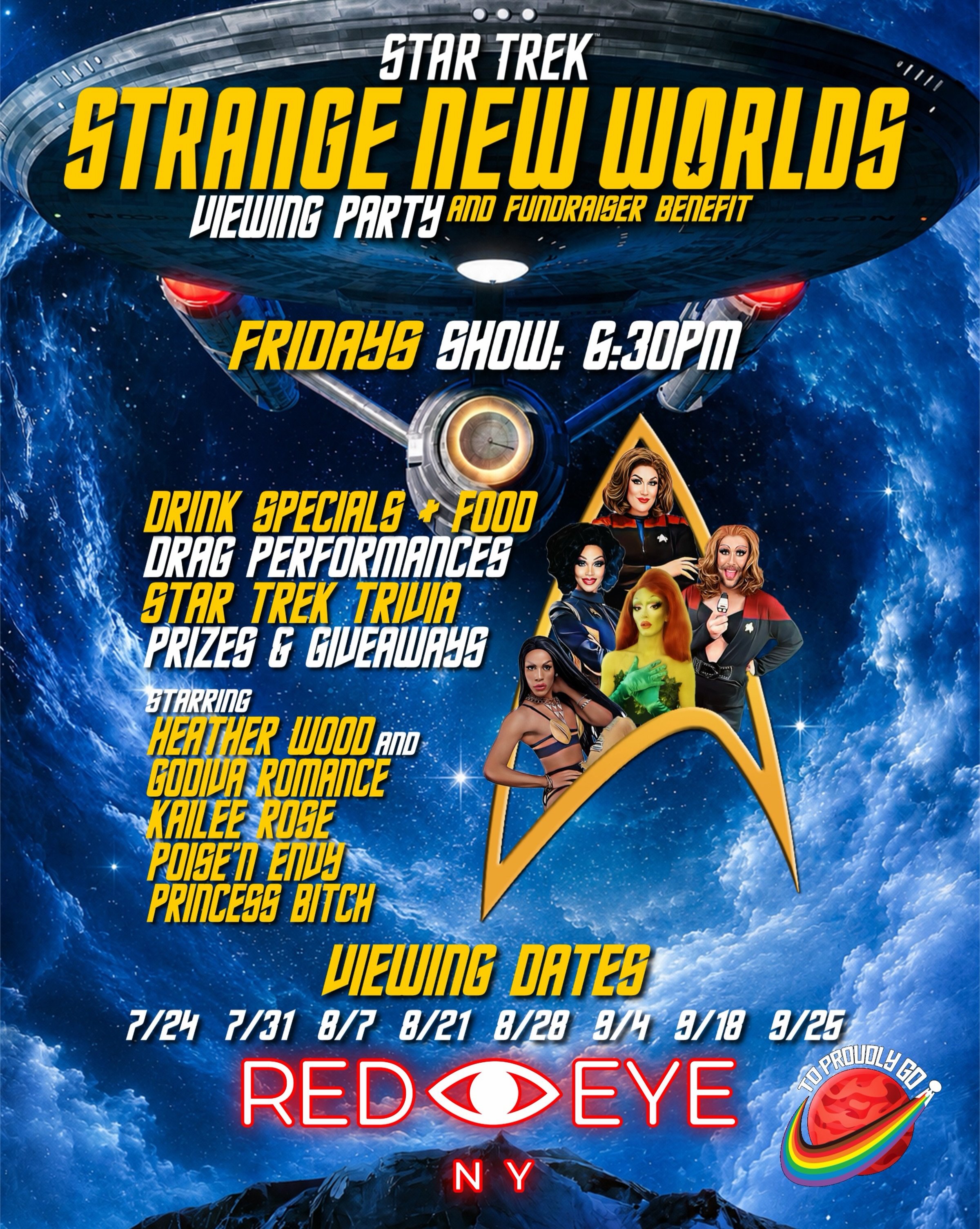 Beam down to @redeye_ny! Now through September for #StarTrekStrangeNewWorlds at 6:30pm on Fridays. No cover! Discover the #queer frontier with a Trek&rsquo;tastic #dragshow featuring @theheatherwood, @romancinggodiva, @the_kaileerose, @pickyourpoise,