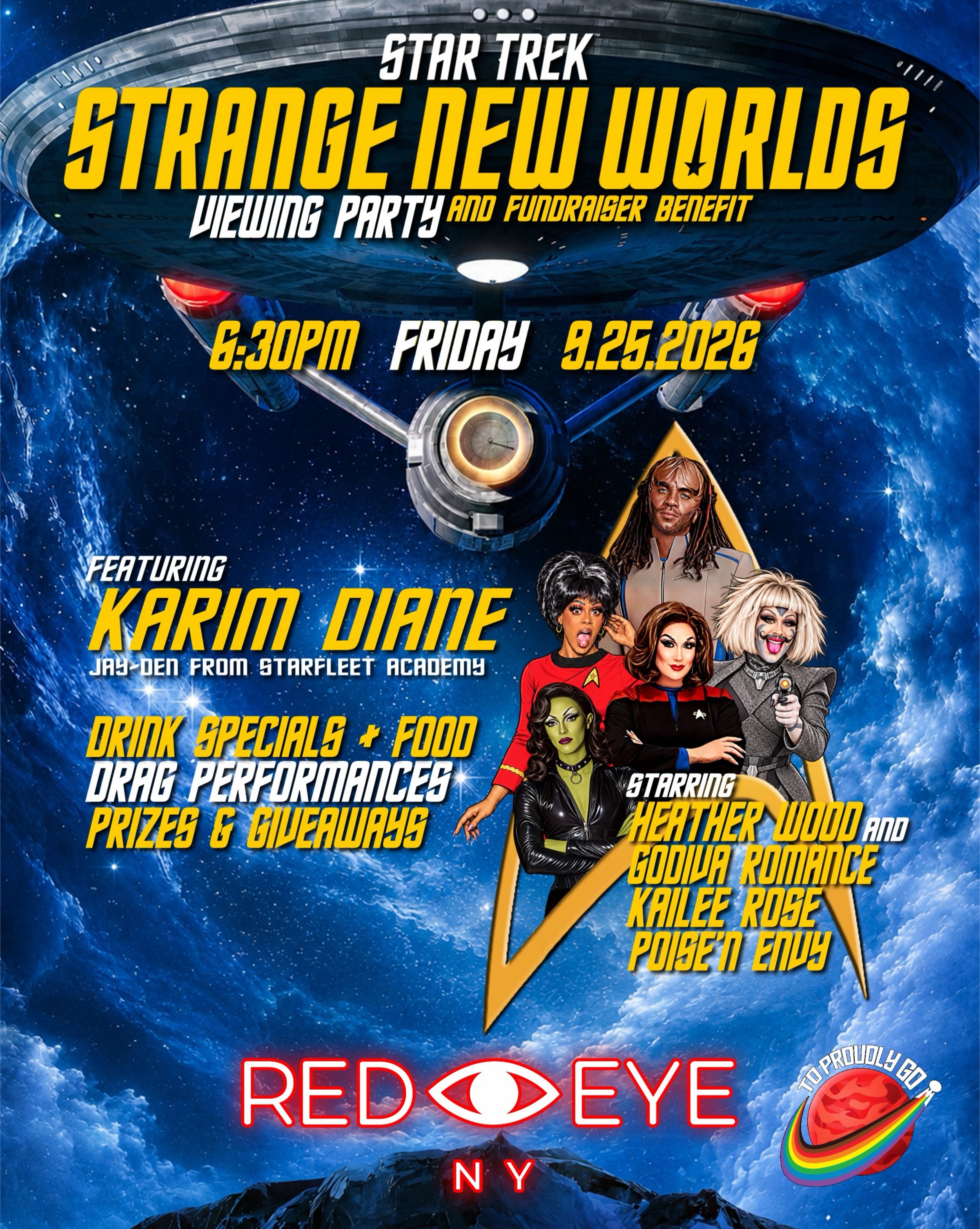 Beam down for the #StarTrekStrangeNewWorlds Season 4 Finale with special guest @team_karim from #StarTrekStarfleetAcademy on 6:30pm, Friday, September 25 at @redeye_ny. Discover the queer frontier with a Trek&rsquo;tastic #dragshow featuring @theheat