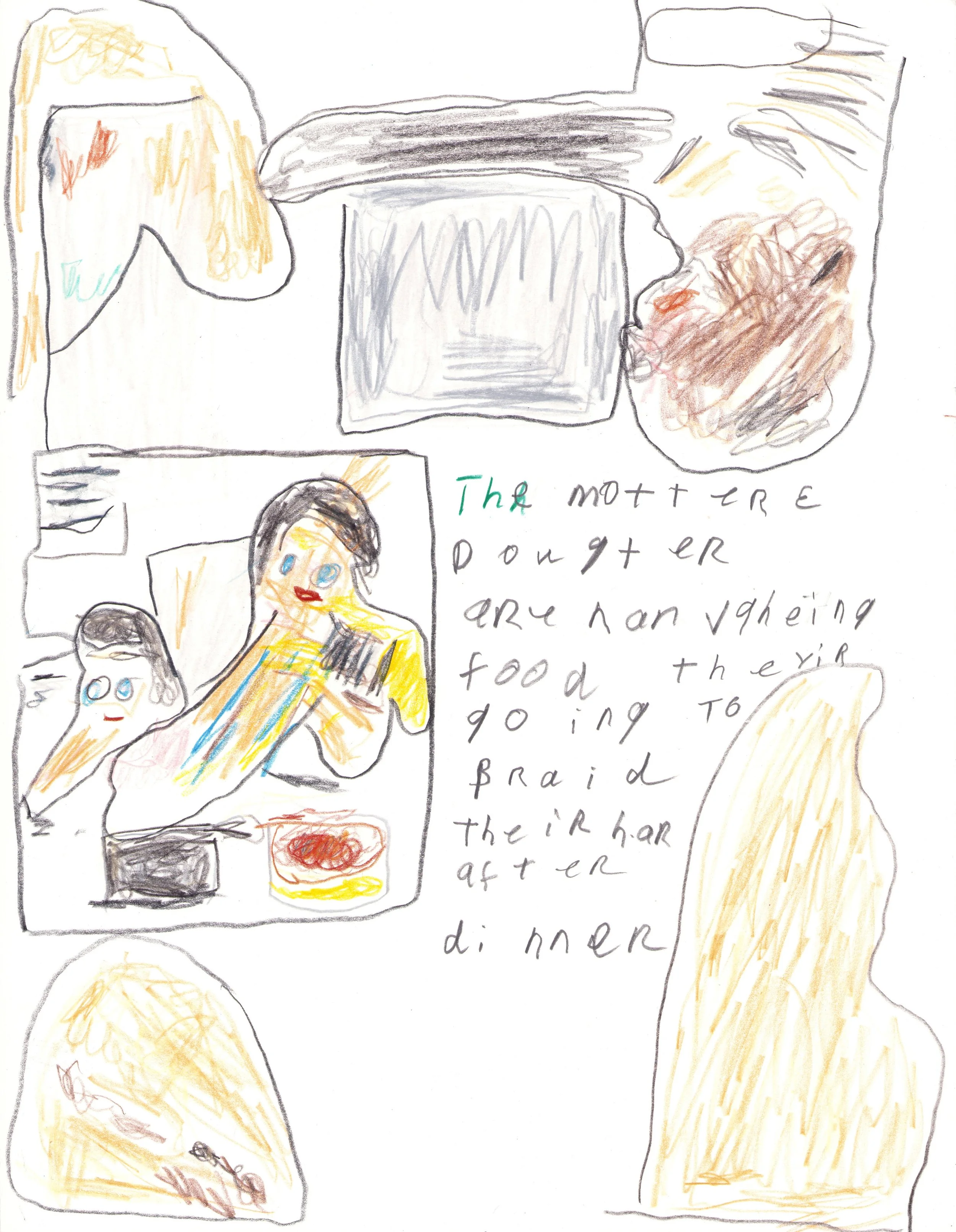 "The Mother & Daughter are Having Food They're Going to Braid Their Hair After Dinner"