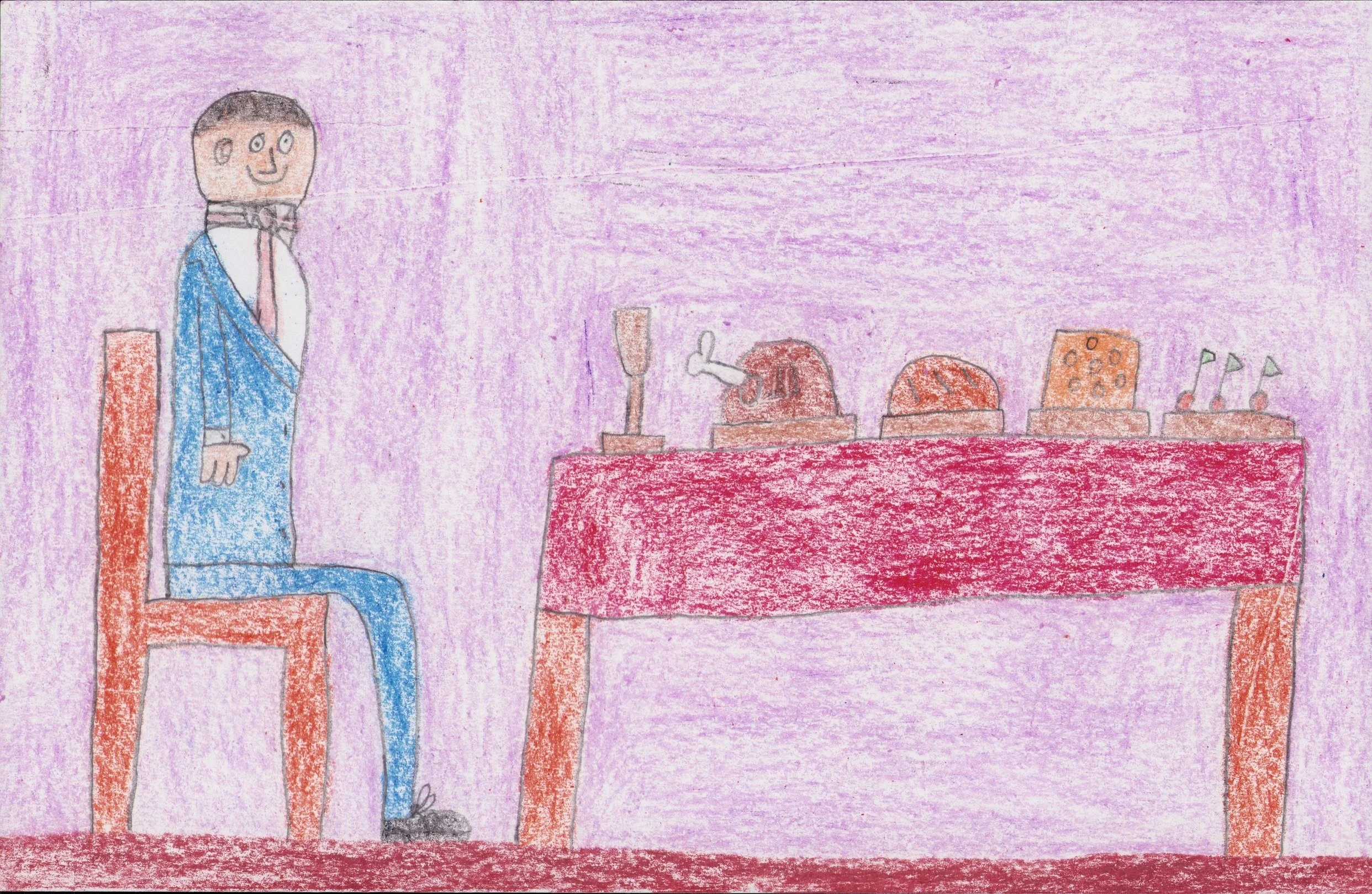 ID: A person in a blue suit sits smiling at a table covered in a feast of food.