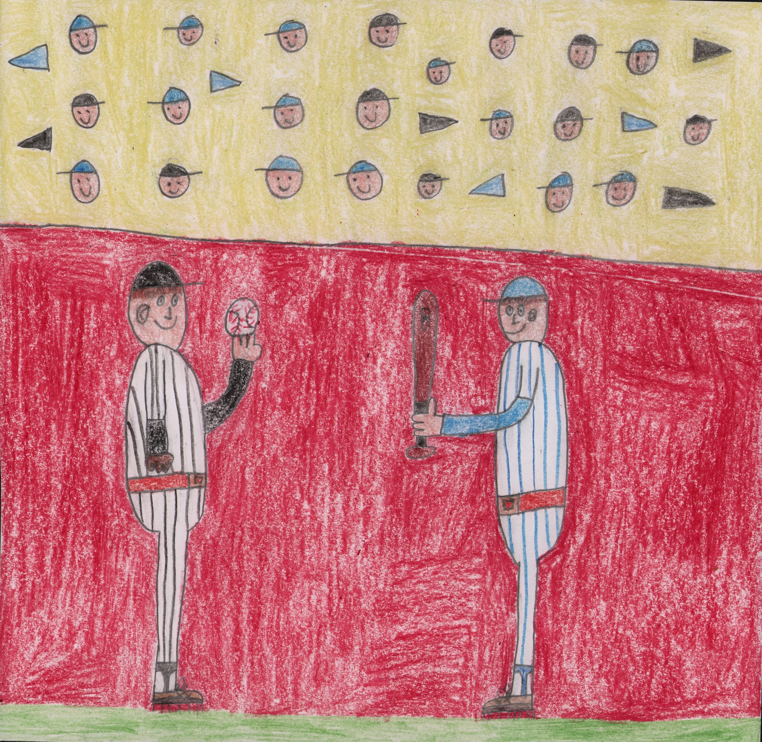 ID: Two baseball players on opposing teams face each other on the field. Behind them is a sea of spectators and flags.