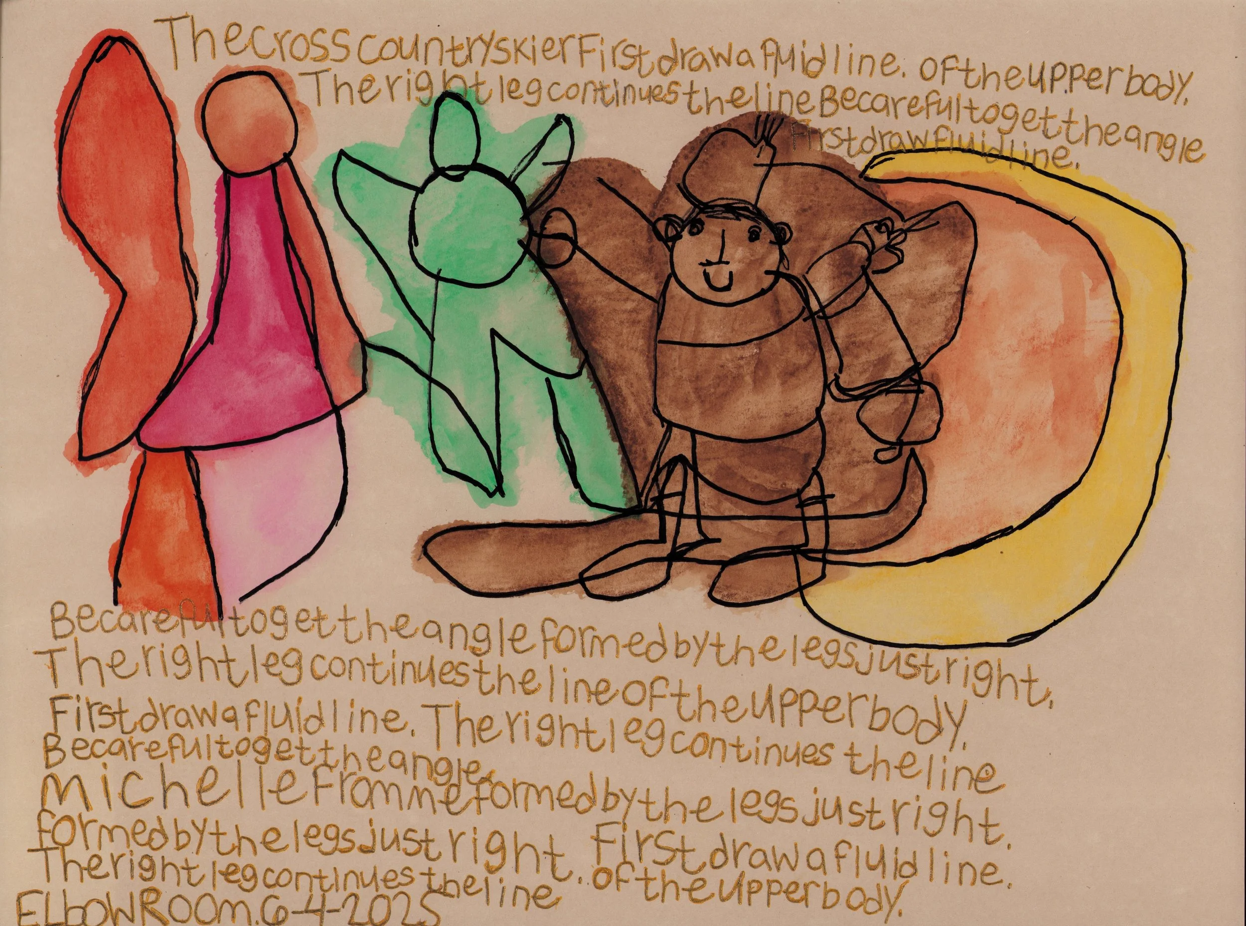 "The Cross Country Skier" 9x12 Ink, Pen, Watercolor on Paper.