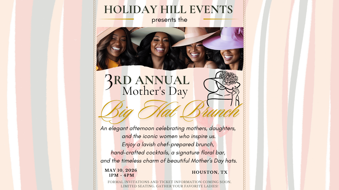 Invitation for the 3rd Annual Mother's Day Big Hat Brunch event, featuring a group of women wearing large wide-brimmed hats, event details, date, time, and location shown on a floral and striped pastel background.