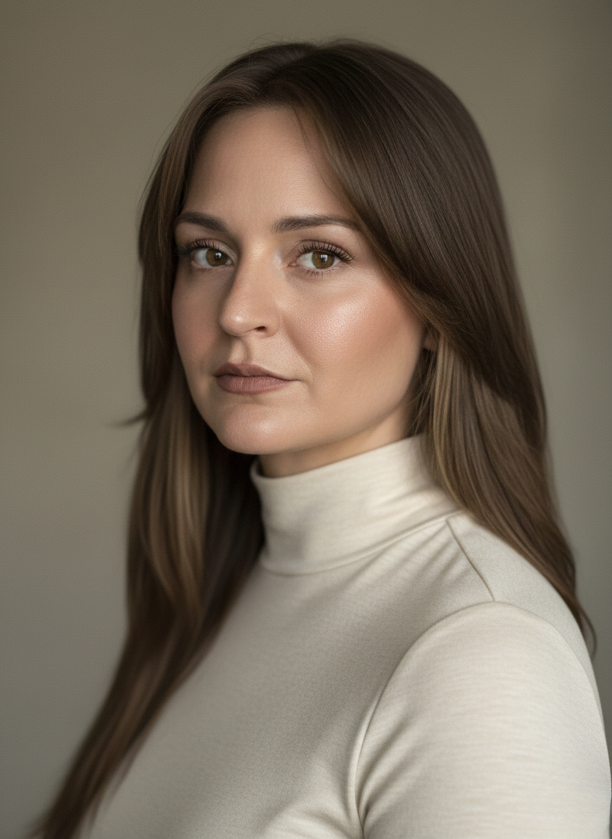 A portrait of a young woman with brown hair and hazel eyes wearing a beige turtleneck shirt against a neutral background.
