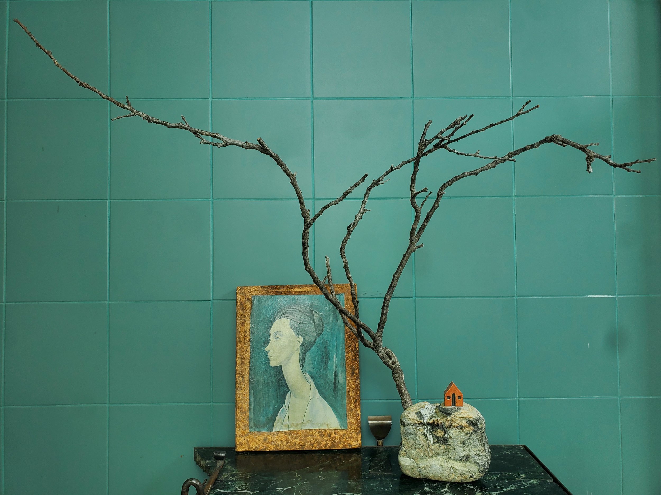 orange house below expressive tree (21.5" x 30" x 18")