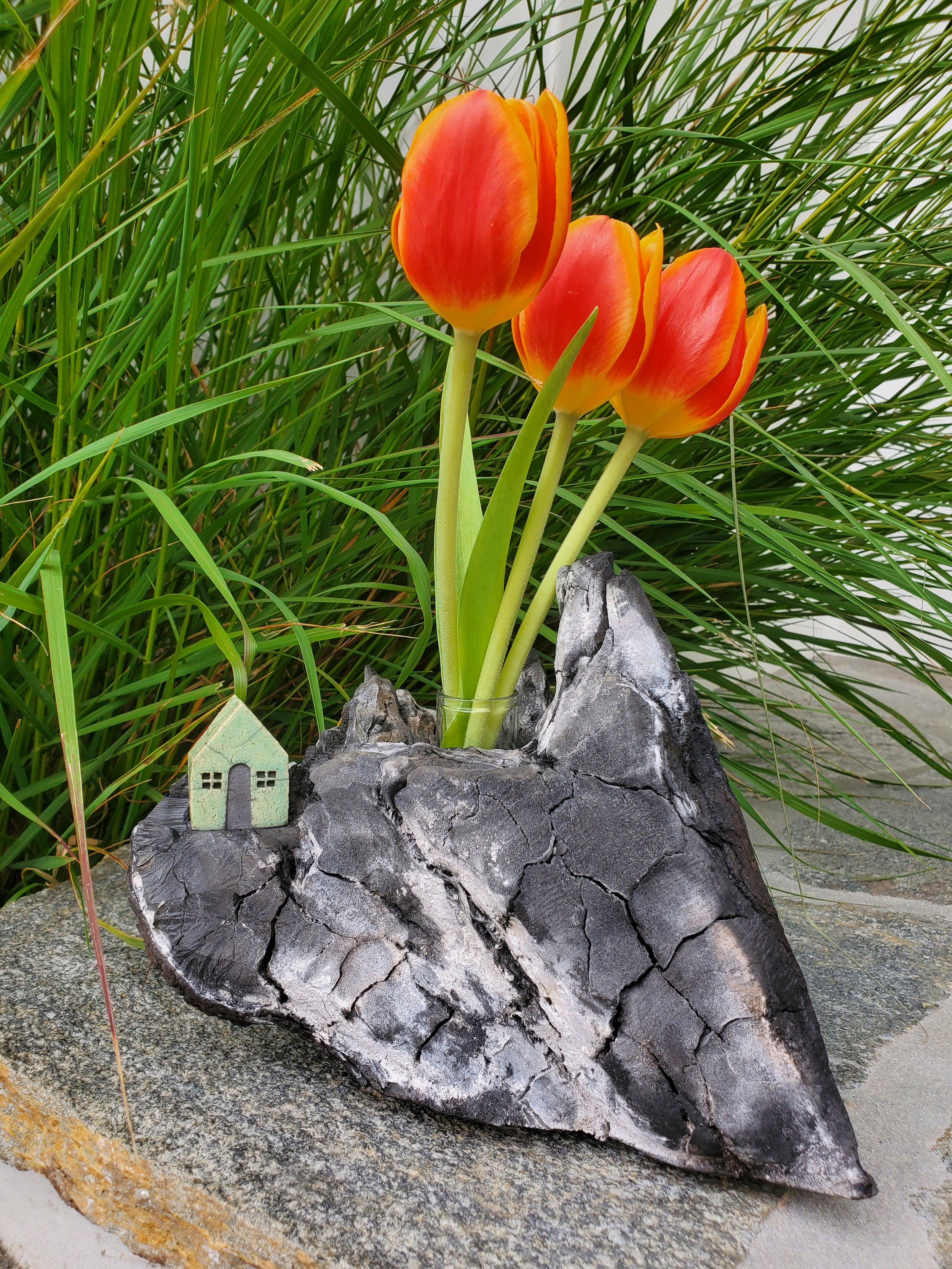 charcoal vase with celadon house (6" x 8" x 8")