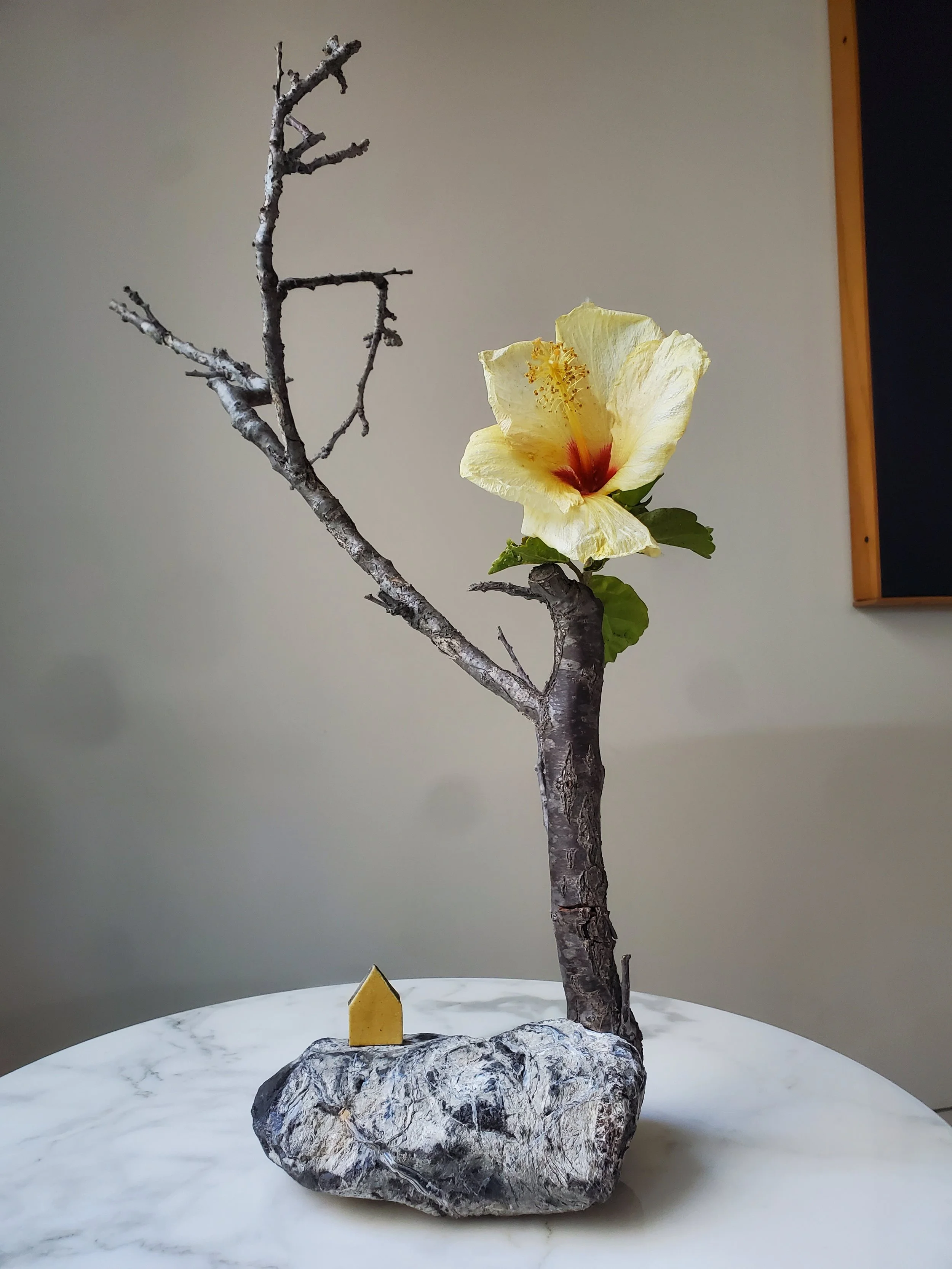 apricot branch vase with yellow house (23" x 18" x 12")