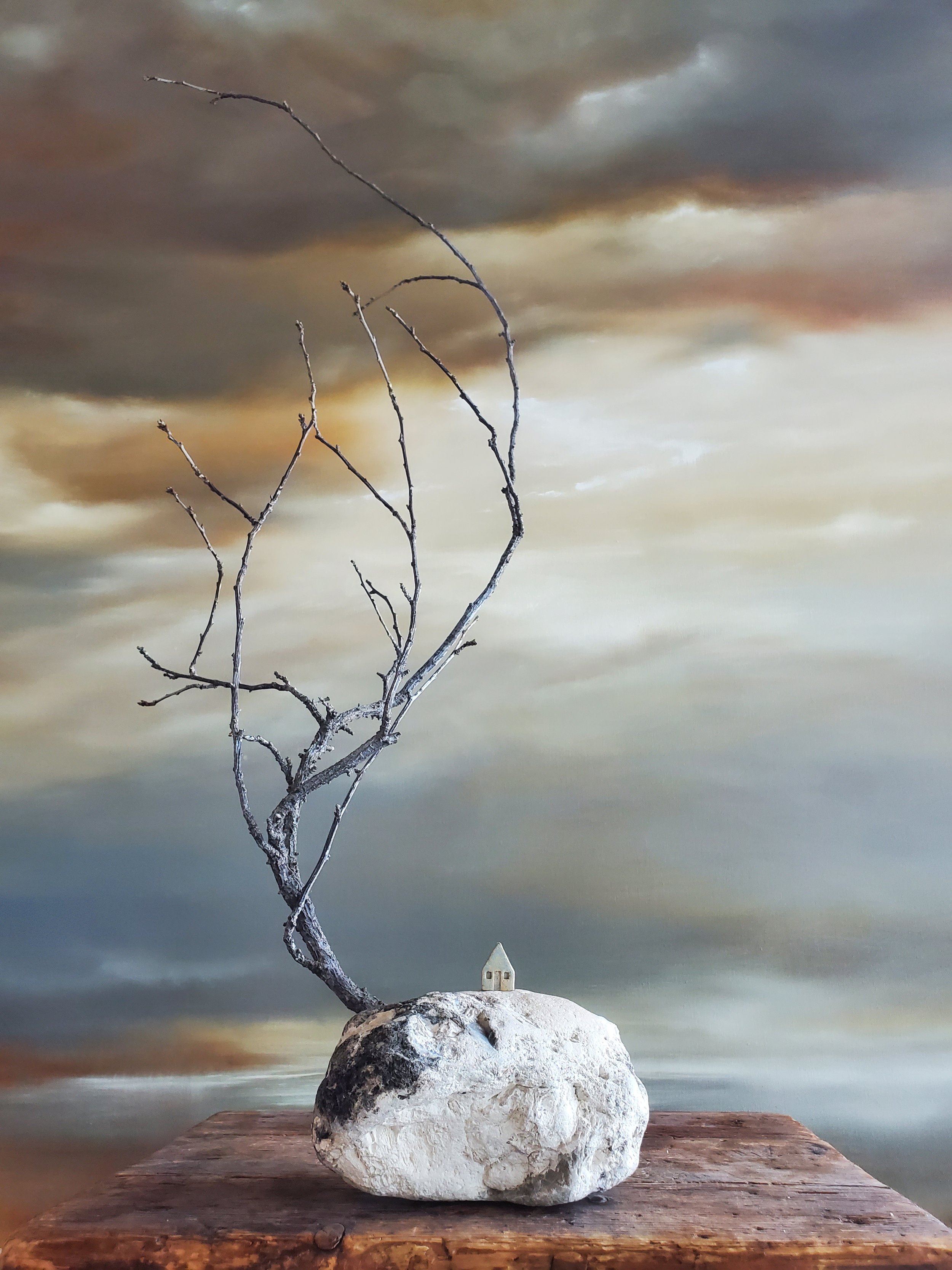 house under sweeping tree (31" x 15" x 11")