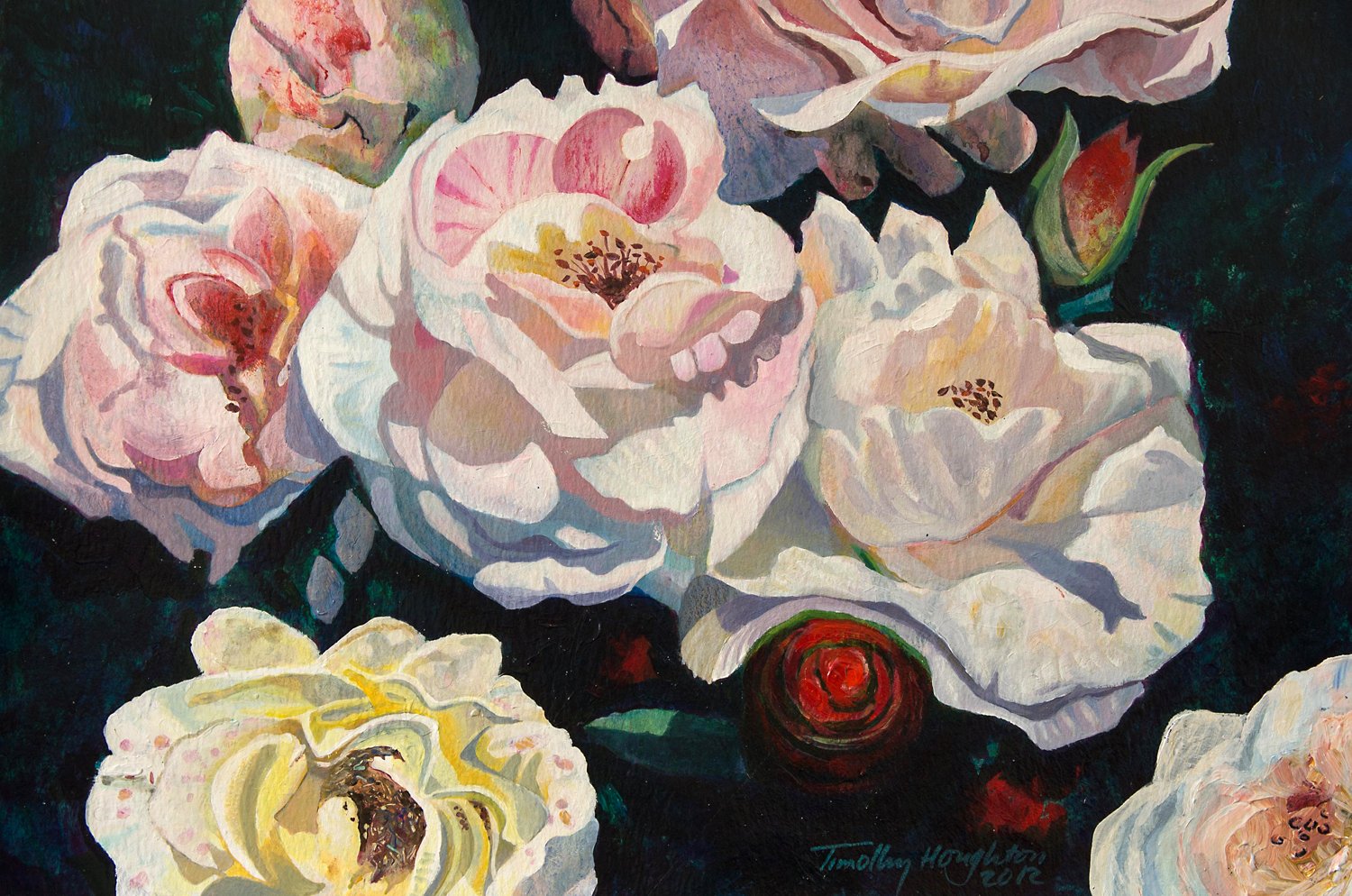 PINK ROSES / 2024 / ACRYLIC ON PAPER / US$2400.
This painting captures the beauty and awesome complexity of roses and their variation of colours, from almost pure white to soft yellows and pinks. The petals themselves were endlessly fascinating and c