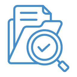 Illustration of documents with a magnifying glass and check mark.