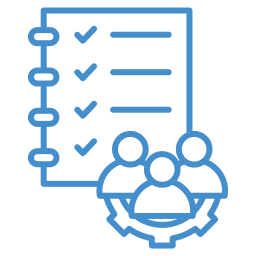 Icon of a checklist with three checked items and a group of four people below, representing team or task management.
