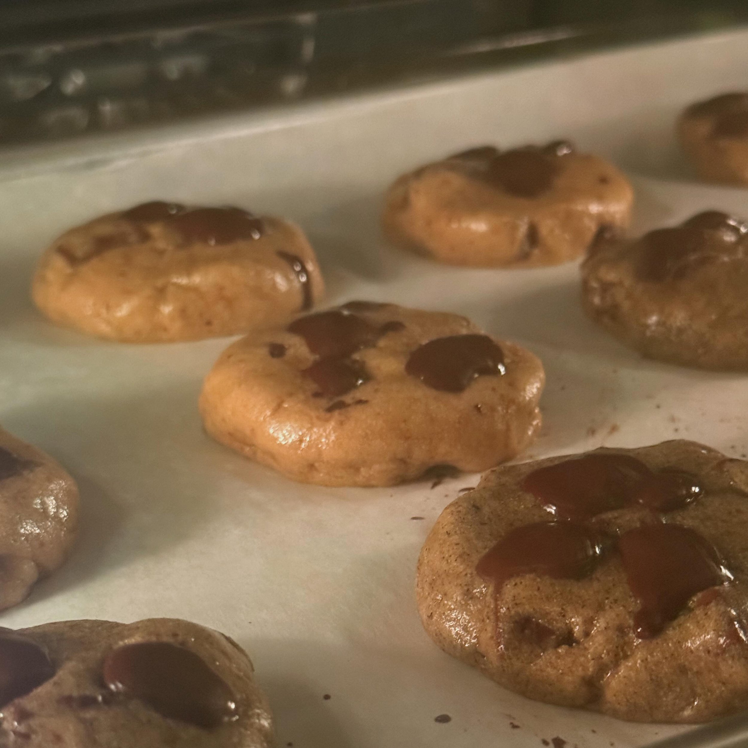 the darker color is from buckwheat flour, which will replace tiger nut flour in our cookies going forward. (ill use a lighter colored buckwheat so it won&rsquo;t have this purple tinge. or maybe not?) 

theyll still have some nuttiness &mdash; despit