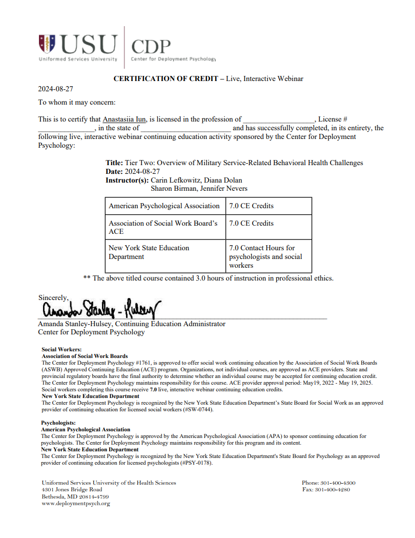 Certification document from USU Center for Deployment Psychology for a webinar titled 'Tier Two: Overview of Military Service-Related Behavioral Health Challenges,' held on August 27, 2024, with instructor names listed and credits awarded.