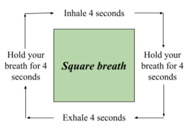 A square with instructions to hold your breath for 4 seconds, inhale for 4 seconds, hold your breath for 4 seconds, exhale for 4 seconds, and repeat, emphasizing a square breathing pattern.
