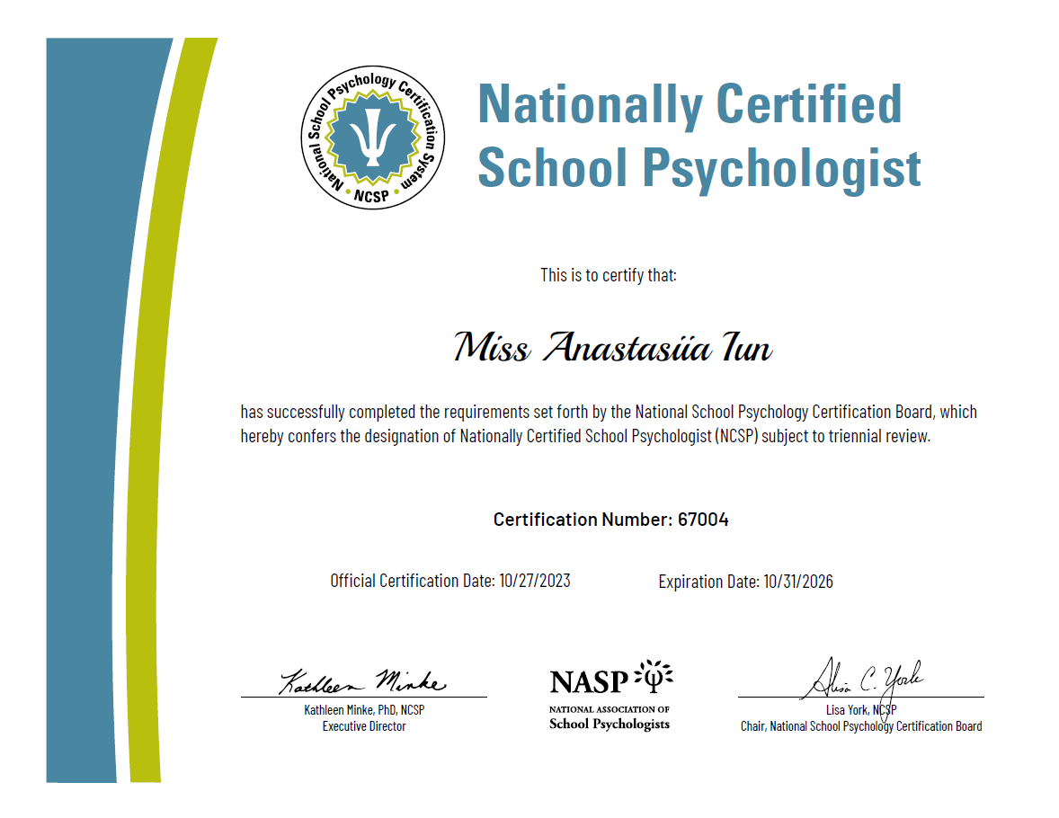 Certificate of being a nationally certified school psychologist awarded to Miss Anastasia Tun with official signatures and certification details, issued on 10/27/2023, expiring on 10/31/2026.