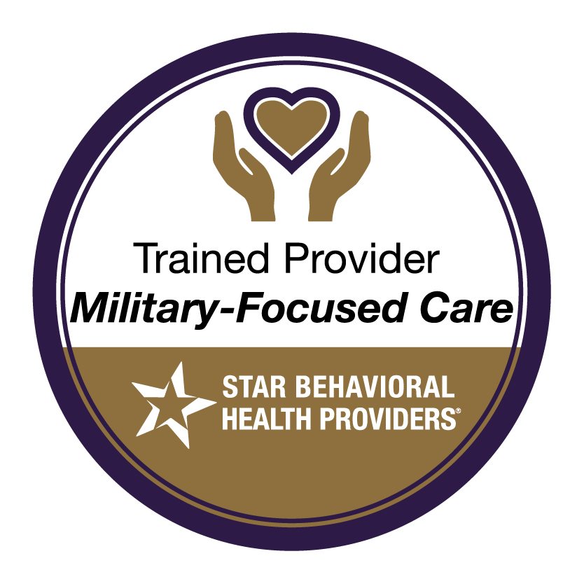 Badge indicating a trained provider for military-focused healthcare, with the STAR Behavioral Health Providers logo and a graphic of hands holding a heart.