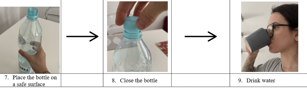 Person opening a plastic water bottle, then drinking water from a gray mug.