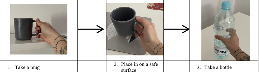 Sequence of three images showing how to safely handle a mug, place it on a surface, and take a water bottle.