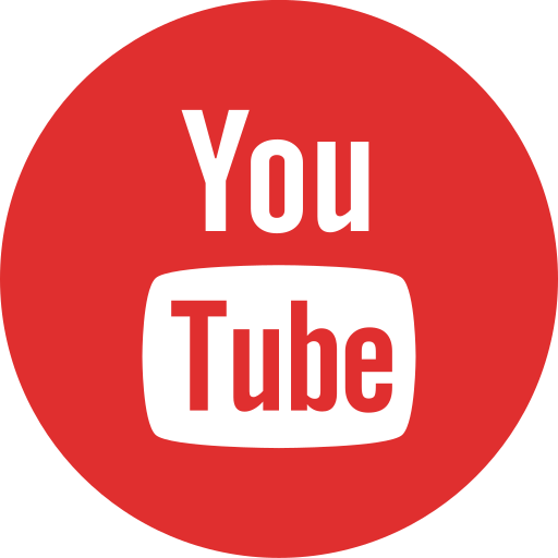 Red circular YouTube logo with white text and play button outline.